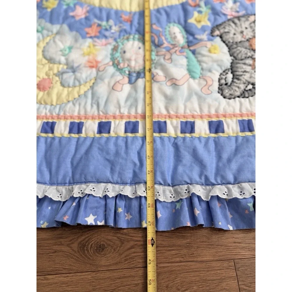 Vintage 90s Baby Crib Quilt Blanket Cow Teddy Bear Moon Stars Ruffle 47x26.5